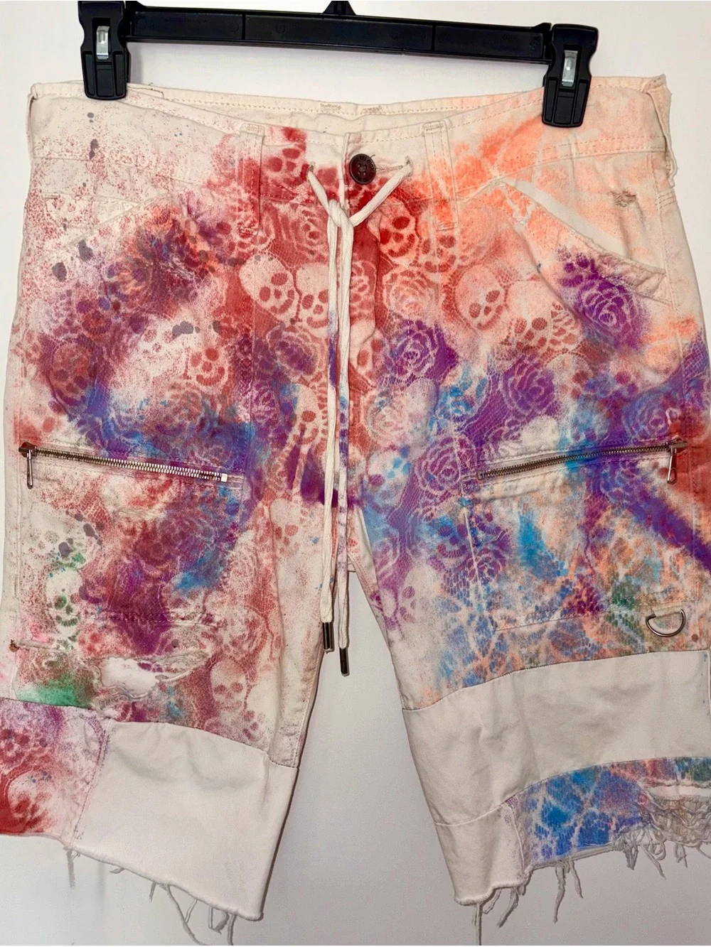 True Religion Skulls & Roses Tie-Dye Distressed Shorts. Streetwear Urban Grunge